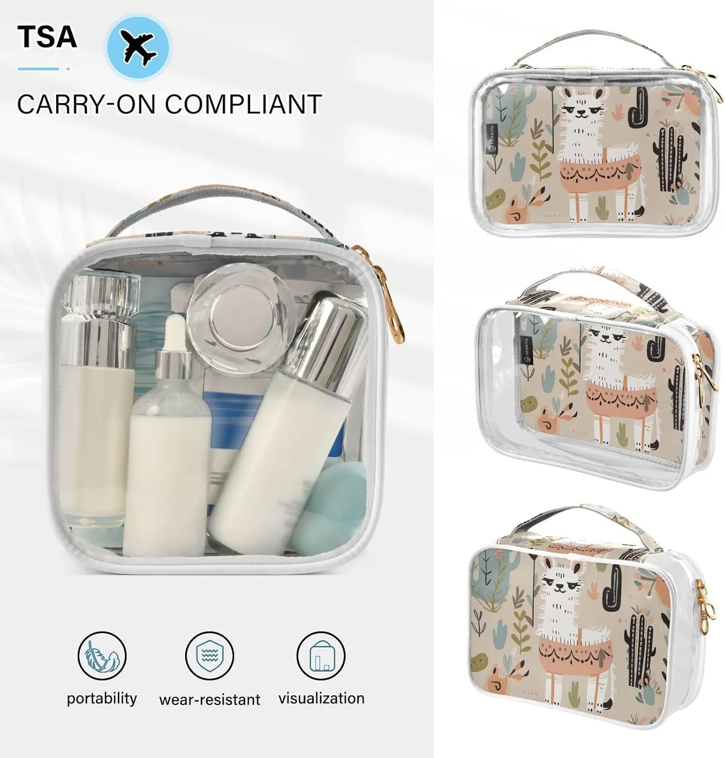 GAIGEO Desert Cactus Alpaca Beige and White Clear Cosmetic Bag Set, Travel Essentials Clear Toiletry Bag, Women's Travel Toiletry Bag, 2 Pack