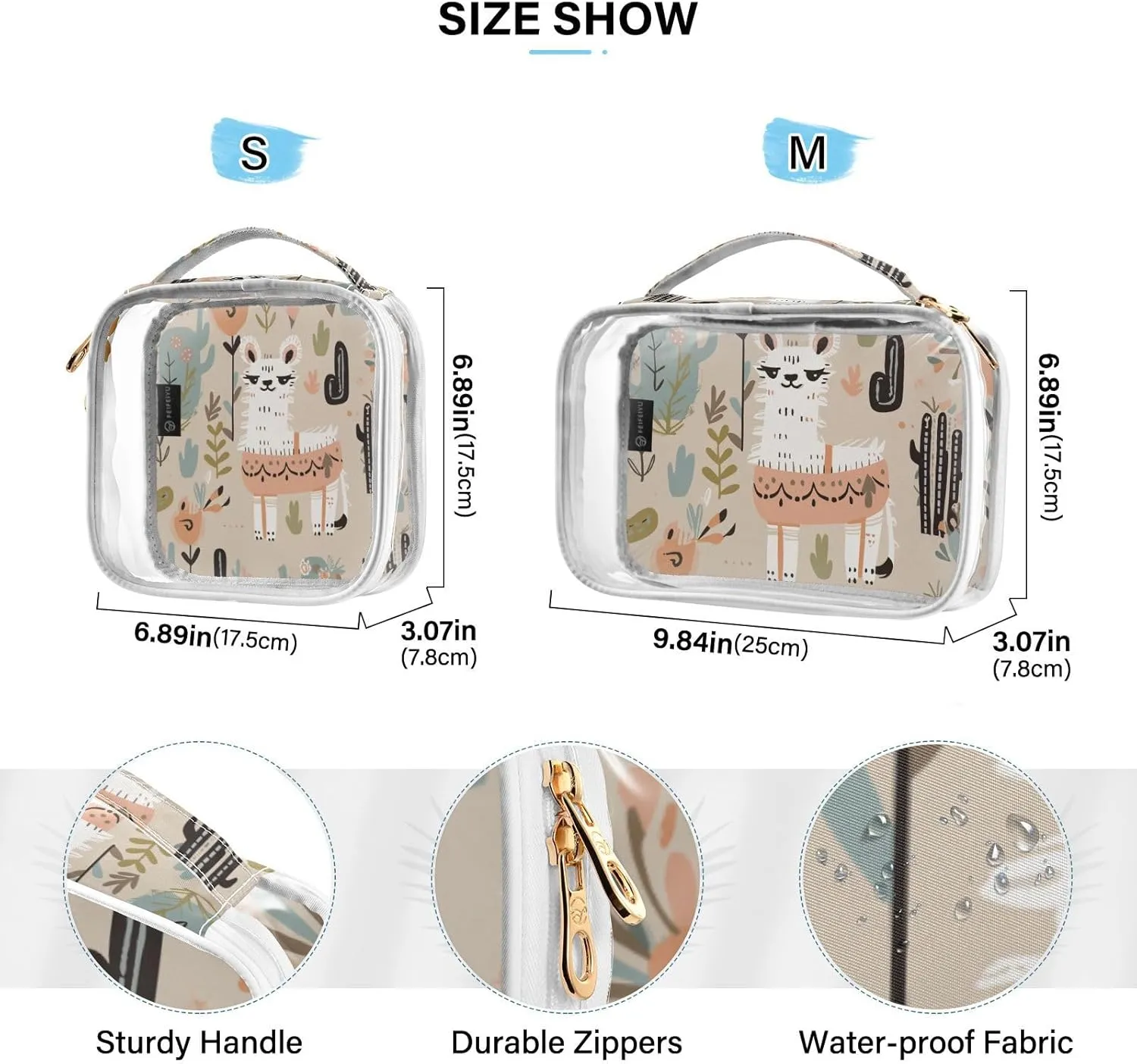 GAIGEO Desert Cactus Alpaca Beige and White Clear Cosmetic Bag Set, Travel Essentials Clear Toiletry Bag, Women's Travel Toiletry Bag, 2 Pack