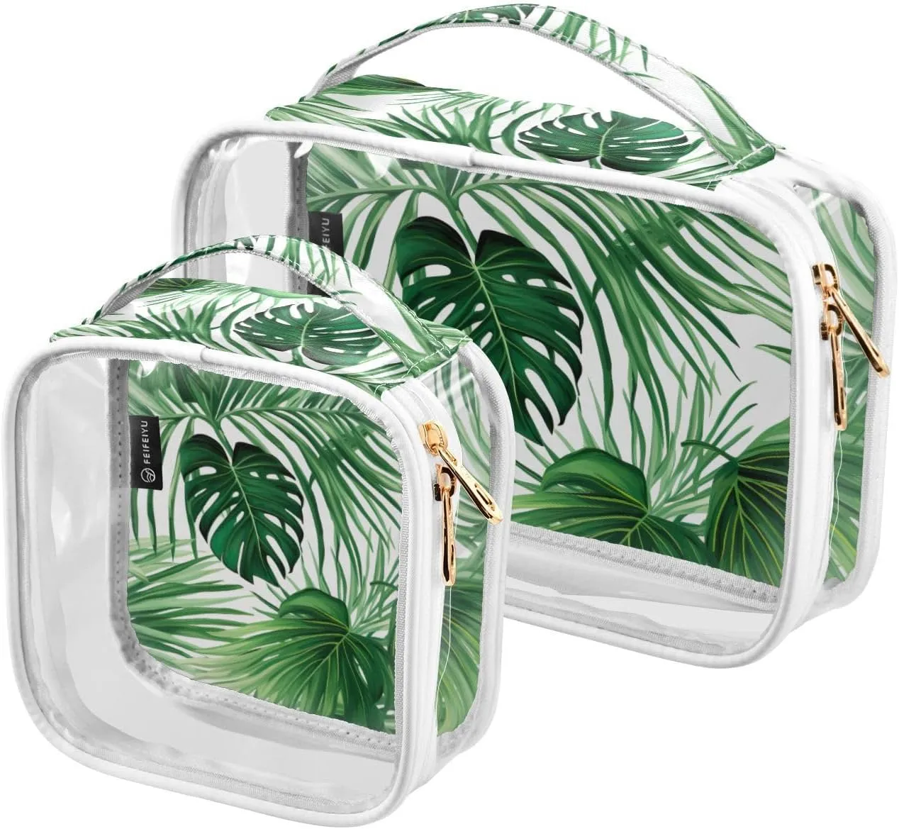 GAIGEO Green Tropical Palm Leaves Clear Cosmetic Bag Set, Quart Size Clear Travel Bag, Cosmetic Travel Accessories, 2 Pack