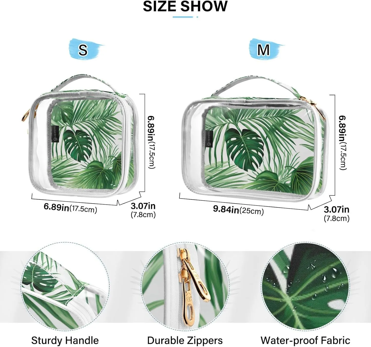 GAIGEO Green Tropical Palm Leaves Clear Cosmetic Bag Set, Quart Size Clear Travel Bag, Cosmetic Travel Accessories, 2 Pack