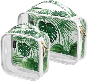 GAIGEO Green Tropical Palm Leaves Clear Cosmetic Bag Set, Quart Size Clear Travel Bag, Cosmetic Travel Accessories, 2 Pack
