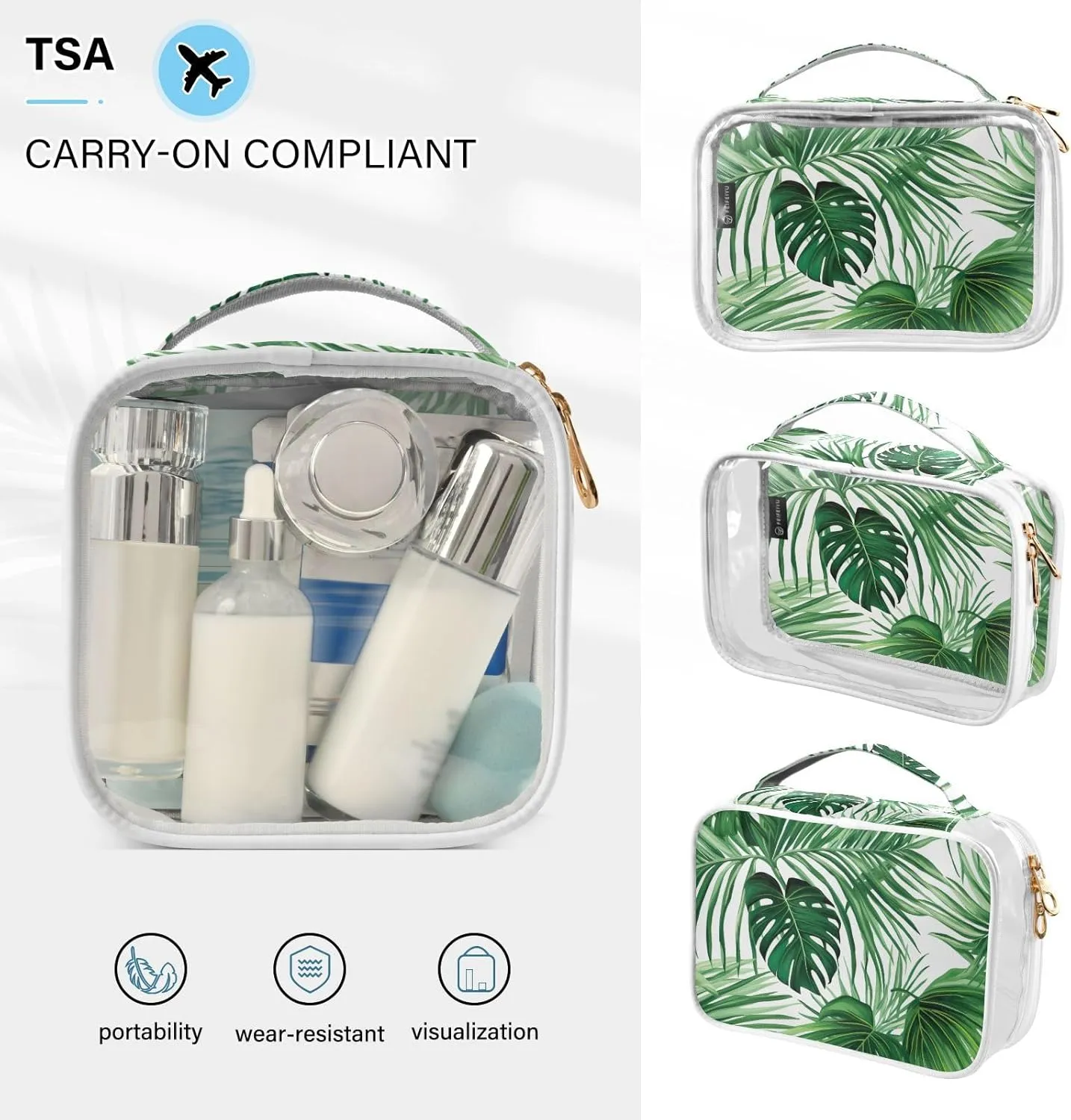 GAIGEO Green Tropical Palm Leaves Clear Cosmetic Bag Set, Quart Size Clear Travel Bag, Cosmetic Travel Accessories, 2 Pack