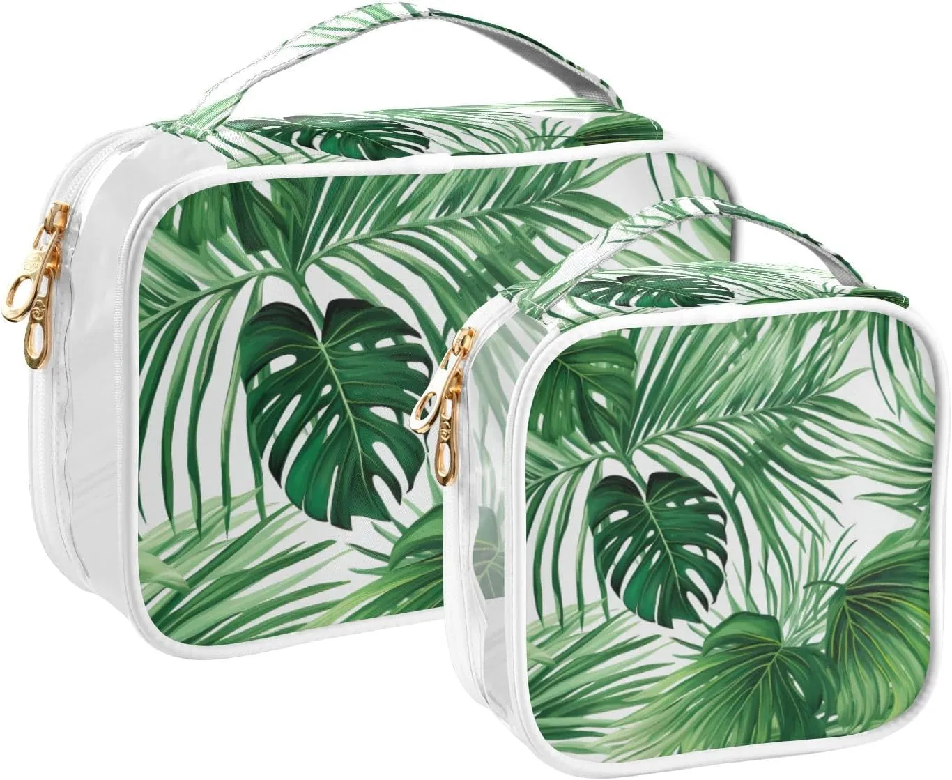 GAIGEO Green Tropical Palm Leaves Clear Cosmetic Bag Set, Quart Size Clear Travel Bag, Cosmetic Travel Accessories, 2 Pack