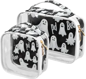 GAIGEO Halloween Black with White Specter Plastic Bag with Zipper, Clear Makeup Bags for Traveling, Travel Toiletry Bag for Women, 2 Pack