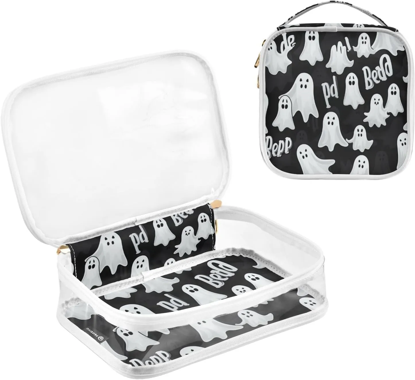 GAIGEO Halloween Black with White Specter Plastic Bag with Zipper, Clear Makeup Bags for Traveling, Travel Toiletry Bag for Women, 2 Pack