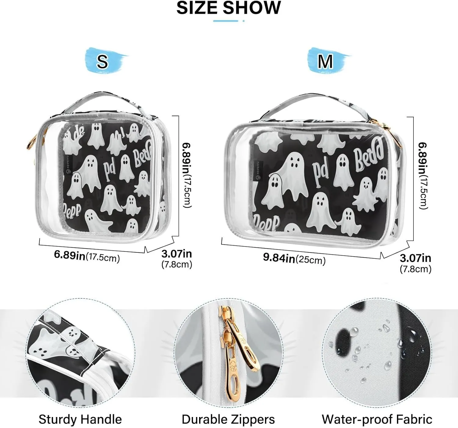 GAIGEO Halloween Black with White Specter Plastic Bag with Zipper, Clear Makeup Bags for Traveling, Travel Toiletry Bag for Women, 2 Pack