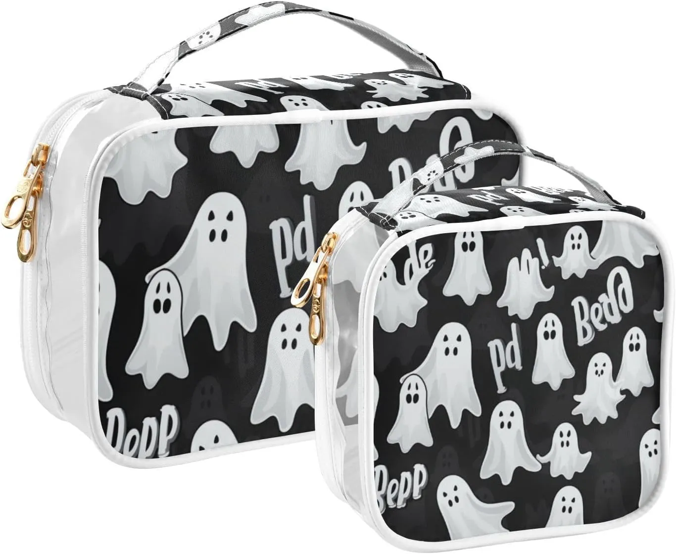GAIGEO Halloween Black with White Specter Plastic Bag with Zipper, Clear Makeup Bags for Traveling, Travel Toiletry Bag for Women, 2 Pack
