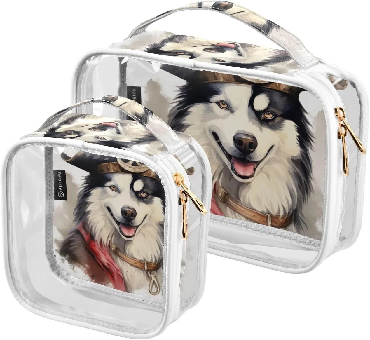 GAIGEO Husky with a Pirate Hat Travel Transparent Bag, Clear Cosmetic Travel Bag, Travel Accessories Bags, 2 Pack