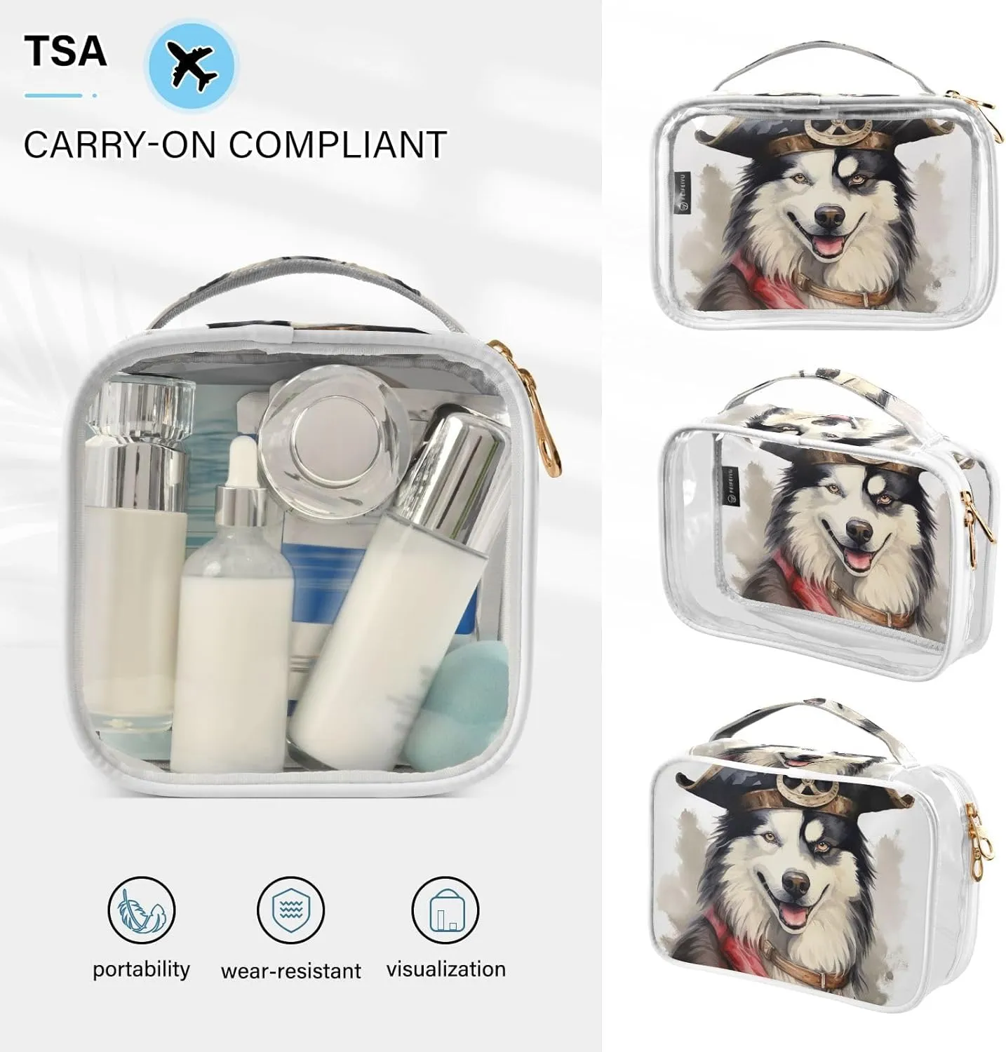 GAIGEO Husky with a Pirate Hat Travel Transparent Bag, Clear Cosmetic Travel Bag, Travel Accessories Bags, 2 Pack