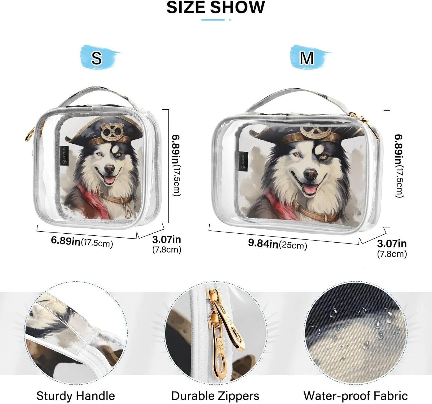 GAIGEO Husky with a Pirate Hat Travel Transparent Bag, Clear Cosmetic Travel Bag, Travel Accessories Bags, 2 Pack