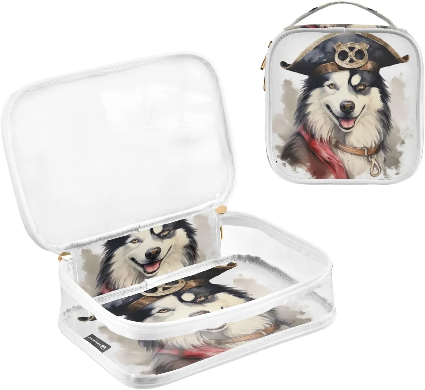 GAIGEO Husky with a Pirate Hat Travel Transparent Bag, Clear Cosmetic Travel Bag, Travel Accessories Bags, 2 Pack