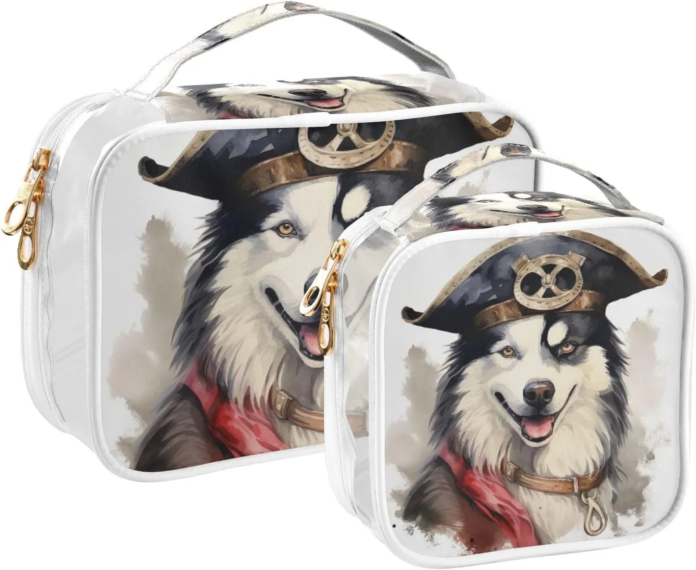 GAIGEO Husky with a Pirate Hat Travel Transparent Bag, Clear Cosmetic Travel Bag, Travel Accessories Bags, 2 Pack