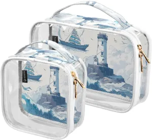 GAIGEO Nautical Lighthouse Sailing Ship Clear Bag for Travel Tsa Approved, Clear Cosmetic Bags with Zipper for Travel, Cosmetic Bag for Women, 2 Pack