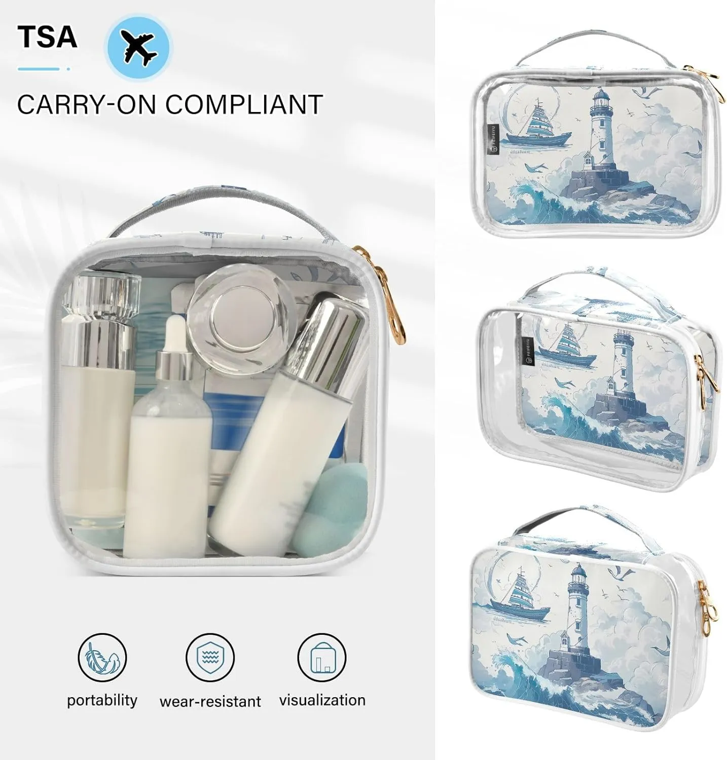 GAIGEO Nautical Lighthouse Sailing Ship Clear Bag for Travel Tsa Approved, Clear Cosmetic Bags with Zipper for Travel, Cosmetic Bag for Women, 2 Pack