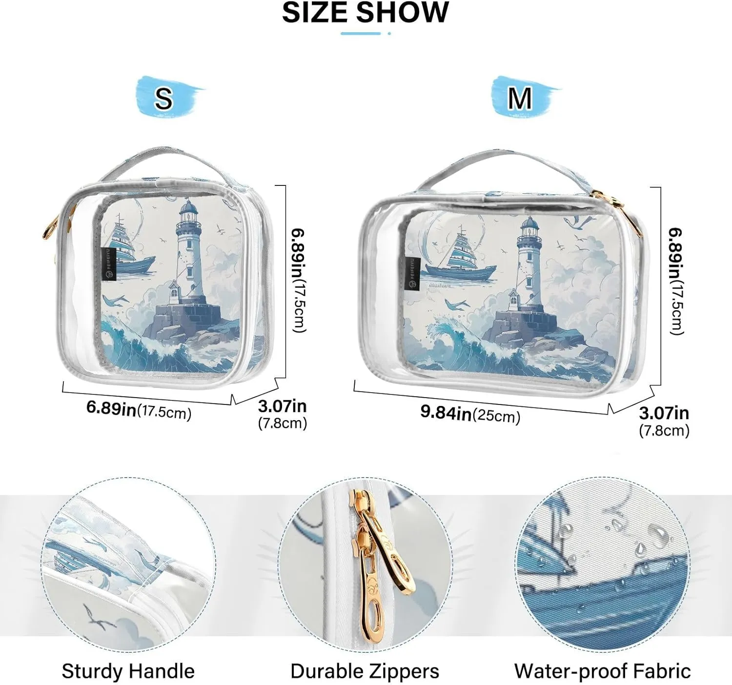 GAIGEO Nautical Lighthouse Sailing Ship Clear Bag for Travel Tsa Approved, Clear Cosmetic Bags with Zipper for Travel, Cosmetic Bag for Women, 2 Pack