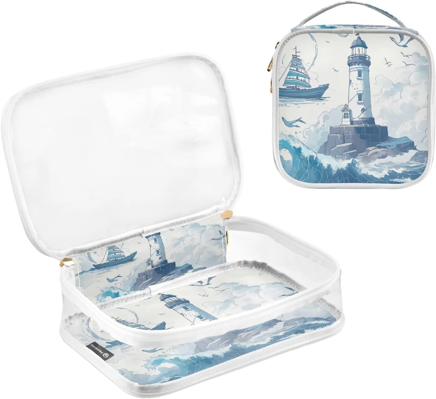GAIGEO Nautical Lighthouse Sailing Ship Clear Bag for Travel Tsa Approved, Clear Cosmetic Bags with Zipper for Travel, Cosmetic Bag for Women, 2 Pack