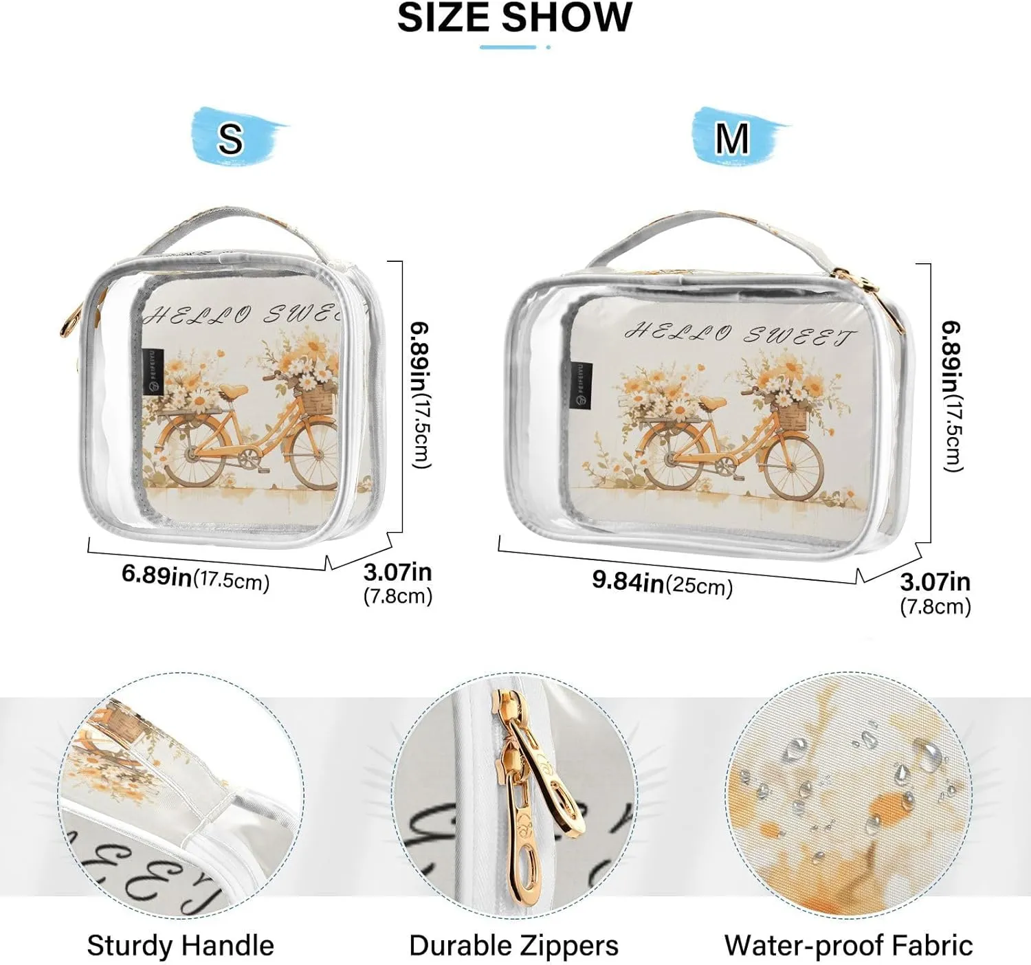 GAIGEO Orange Flower Bike 2 Pack Clear Makeup Bag Set, Clear Travel Makeup Bag, Beauty Toiletry Bag
