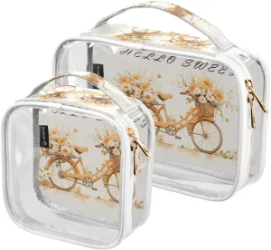 GAIGEO Orange Flower Bike 2 Pack Clear Makeup Bag Set, Clear Travel Makeup Bag, Beauty Toiletry Bag