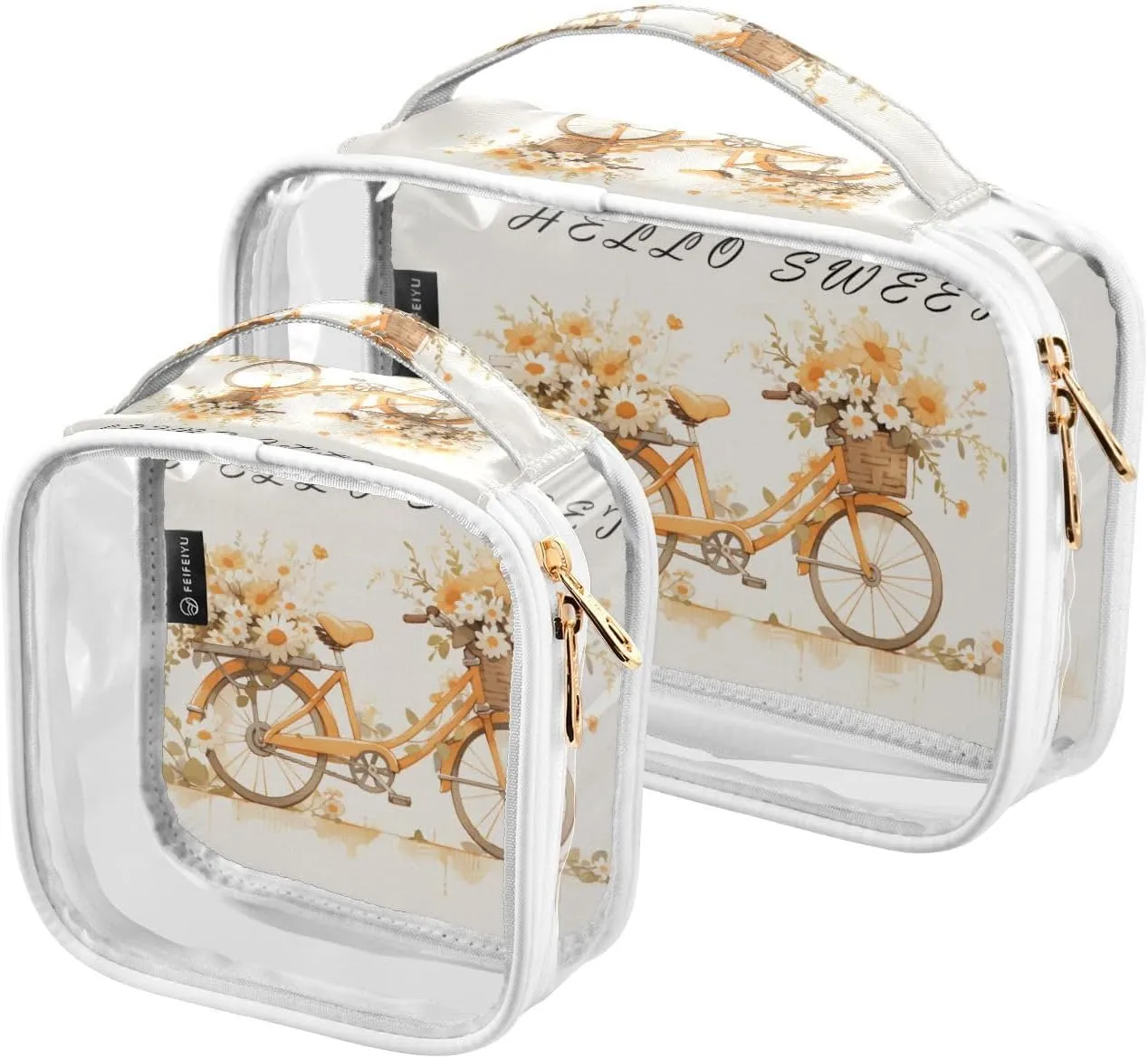 GAIGEO Orange Flower Bike 2 Pack Clear Makeup Bag Set, Clear Travel Makeup Bag, Beauty Toiletry Bag