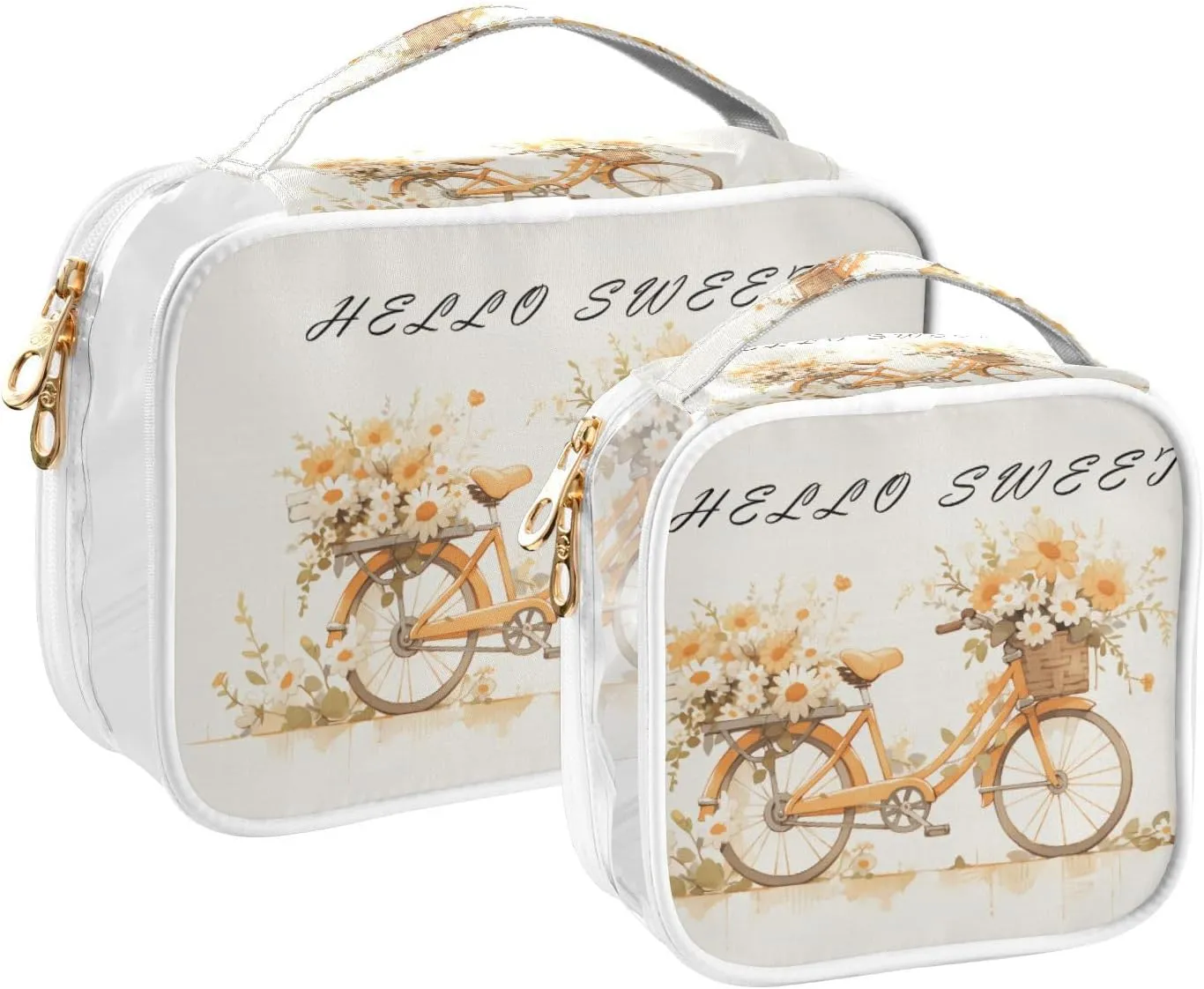 GAIGEO Orange Flower Bike 2 Pack Clear Makeup Bag Set, Clear Travel Makeup Bag, Beauty Toiletry Bag