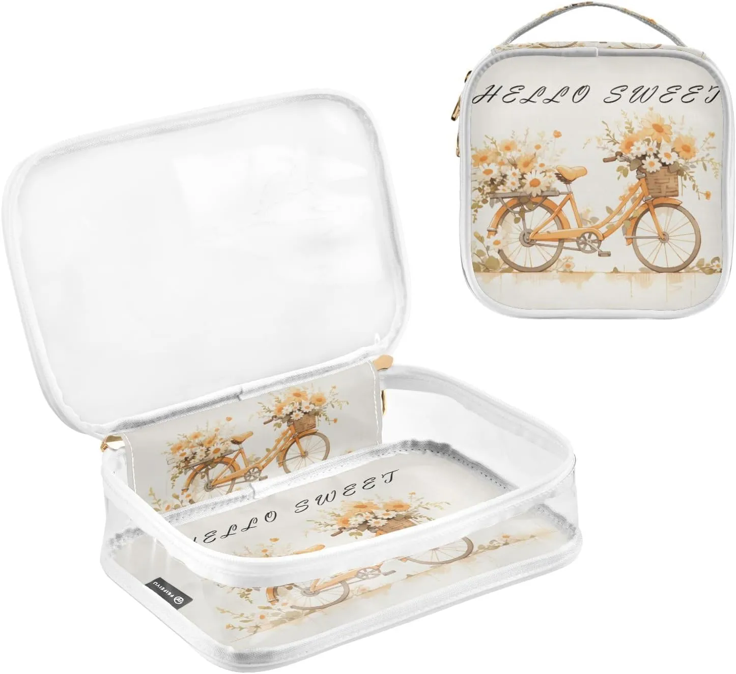 GAIGEO Orange Flower Bike 2 Pack Clear Makeup Bag Set, Clear Travel Makeup Bag, Beauty Toiletry Bag