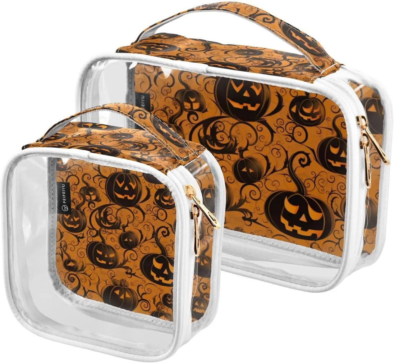 GAIGEO Orange with Swirled Halloween Pumpkins Travel Transparent Bag, Travel Bag for Makeup, Beauty Bags for Women Travel, 2 Pack