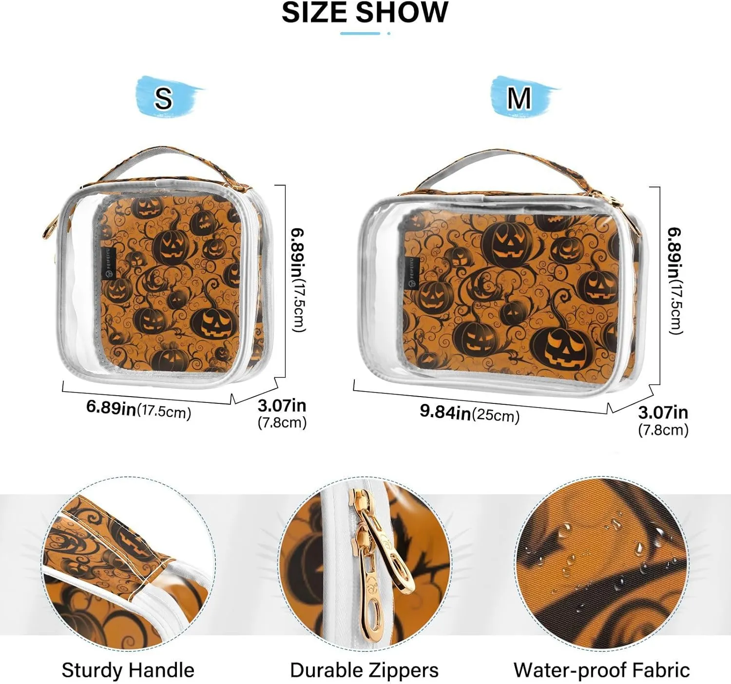 GAIGEO Orange with Swirled Halloween Pumpkins Travel Transparent Bag, Travel Bag for Makeup, Beauty Bags for Women Travel, 2 Pack