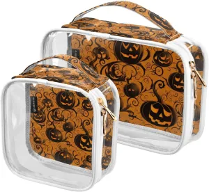 GAIGEO Orange with Swirled Halloween Pumpkins Travel Transparent Bag, Travel Bag for Makeup, Beauty Bags for Women Travel, 2 Pack