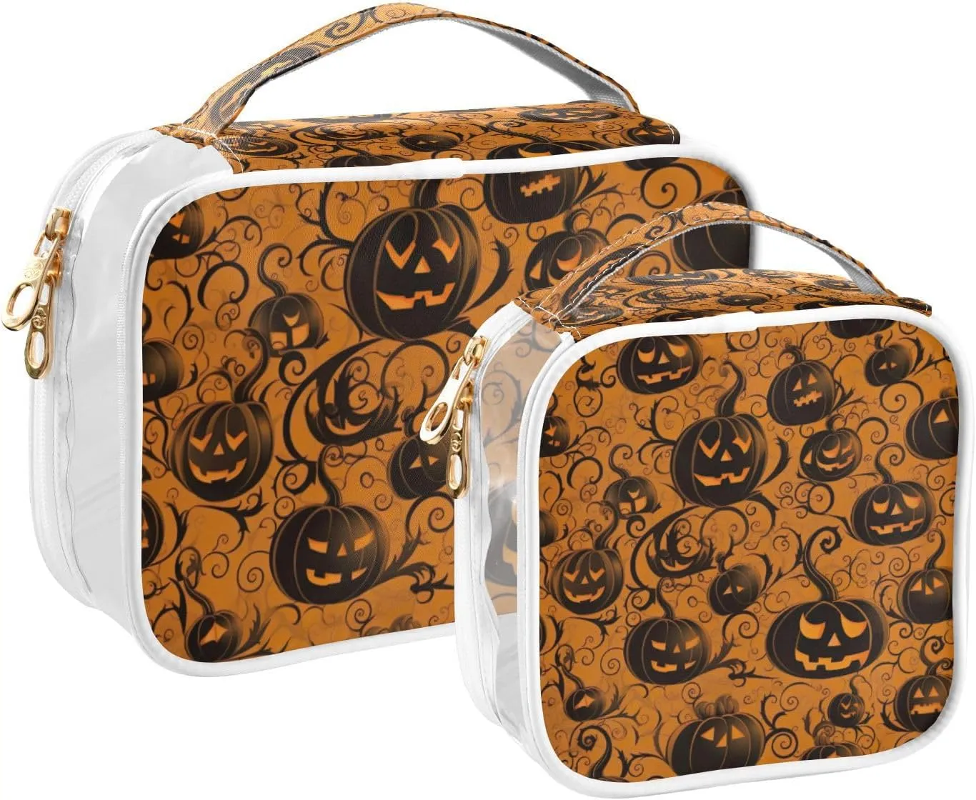 GAIGEO Orange with Swirled Halloween Pumpkins Travel Transparent Bag, Travel Bag for Makeup, Beauty Bags for Women Travel, 2 Pack