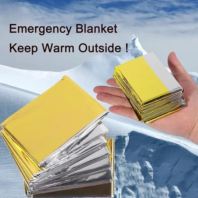 GALAXYLENSE Emergency Mylar Thermal Blanket for Survival First Aid Kits Army Outdoors Hiking Camping Bug Out Trauma Desert All Weather Condition Protection (10 Packs Gold)