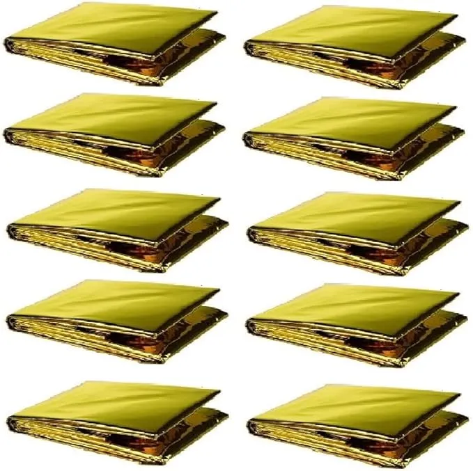 GALAXYLENSE Emergency Mylar Thermal Blanket for Survival First Aid Kits Army Outdoors Hiking Camping Bug Out Trauma Desert All Weather Condition Protection (10 Packs Gold)