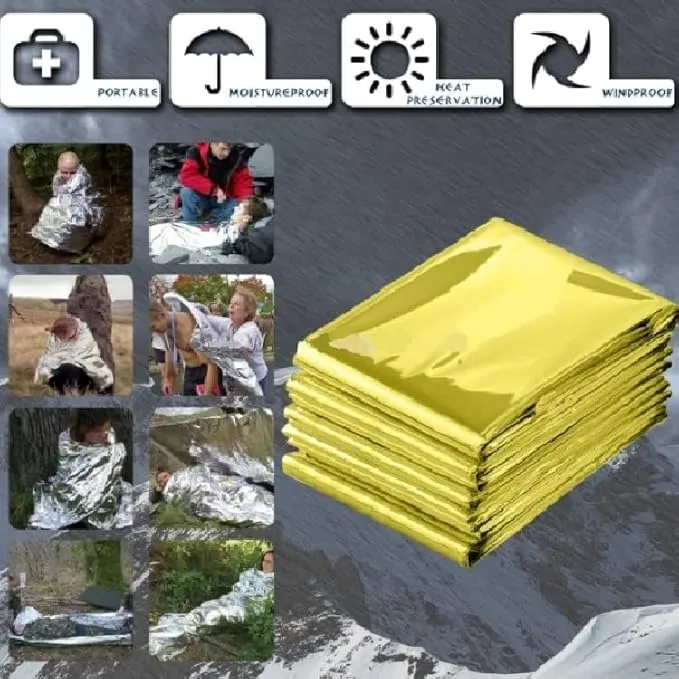 GALAXYLENSE Emergency Mylar Thermal Blanket for Survival First Aid Kits Army Outdoors Hiking Camping Bug Out Trauma Desert All Weather Condition Protection (10 Packs Gold)