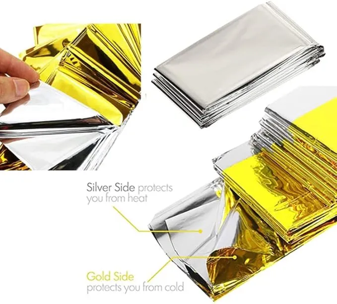 GALAXYLENSE Emergency Mylar Thermal Blanket for Survival First Aid Kits Army Outdoors Hiking Camping Bug Out Trauma Desert All Weather Condition Protection (10 Packs Gold)