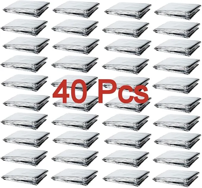 GALAXYLENSE Emergency Mylar Thermal Blanket for Survival First Aid Kits Army Outdoors Hiking Camping Bug Out Trauma Desert All Weather Condition Protection (40 Packs Silver)