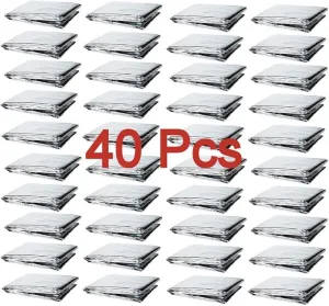 GALAXYLENSE Emergency Mylar Thermal Blanket for Survival First Aid Kits Army Outdoors Hiking Camping Bug Out Trauma Desert All Weather Condition Protection (40 Packs Silver)