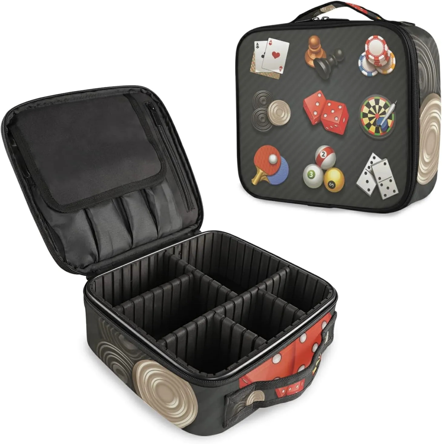 Game Icons Cards Turntable Pingpong Red Sieve on Black Large Women Makeup Bag, Train Toiletry Storage Case, Portable Coin Purse Holder Zipper Pouch Travel Cosmetic Organizer for Women and Girls