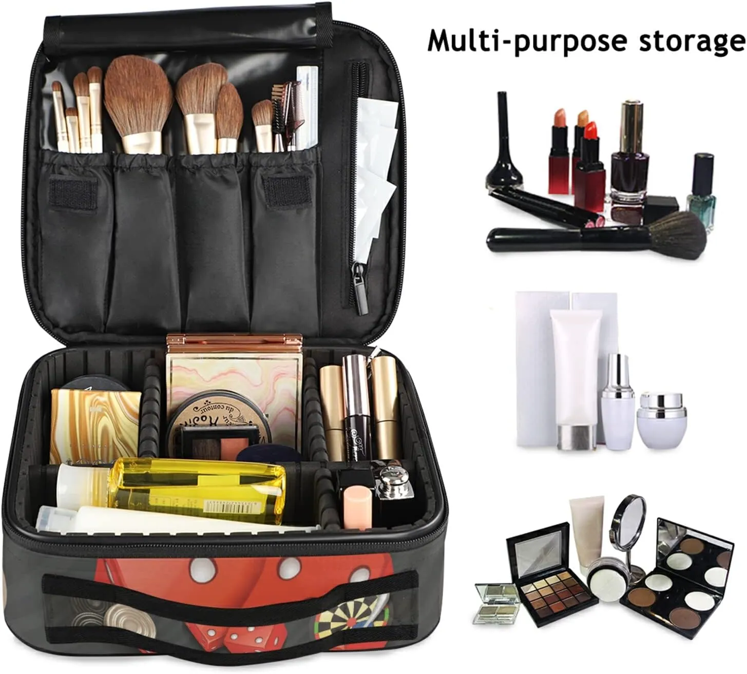 Game Icons Cards Turntable Pingpong Red Sieve on Black Large Women Makeup Bag, Train Toiletry Storage Case, Portable Coin Purse Holder Zipper Pouch Travel Cosmetic Organizer for Women and Girls