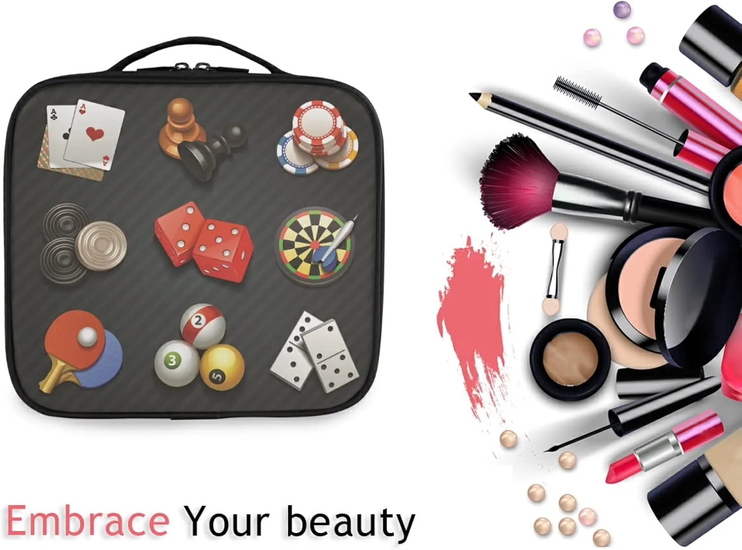 Game Icons Cards Turntable Pingpong Red Sieve on Black Large Women Makeup Bag, Train Toiletry Storage Case, Portable Coin Purse Holder Zipper Pouch Travel Cosmetic Organizer for Women and Girls