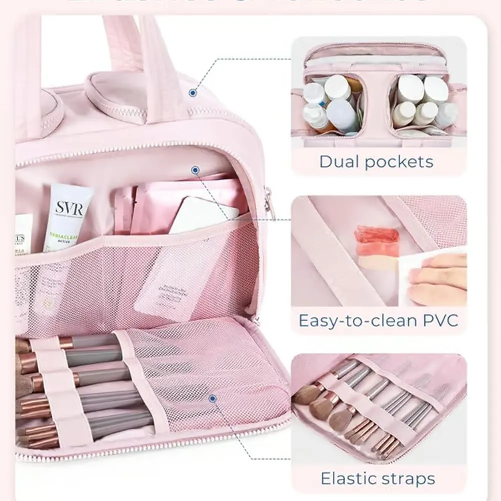 GDSAFS Cureaway Travel Cosmetic Bag, Large Capacity Wide-Open Travel Cosmetic Bag, 4-In-1 Puffy flat toiletry Bag for Women with Divider and Handle, Lightweight Waterproof (Beige)
