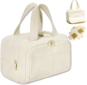 GDSAFS Cureaway Travel Cosmetic Bag, Large Capacity Wide-Open Travel Cosmetic Bag, 4-In-1 Puffy flat toiletry Bag for Women with Divider and Handle, Lightweight Waterproof (Beige)