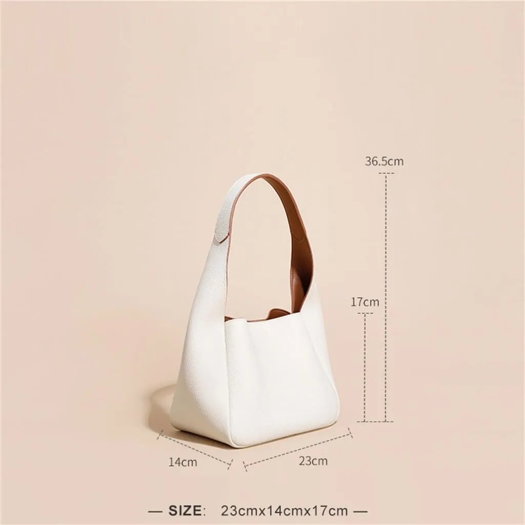 Genuine Leather Women's Bag Top Layer Cowhide Bucket Cabbage Basket Bag Single Shoulder Bag Design Bag