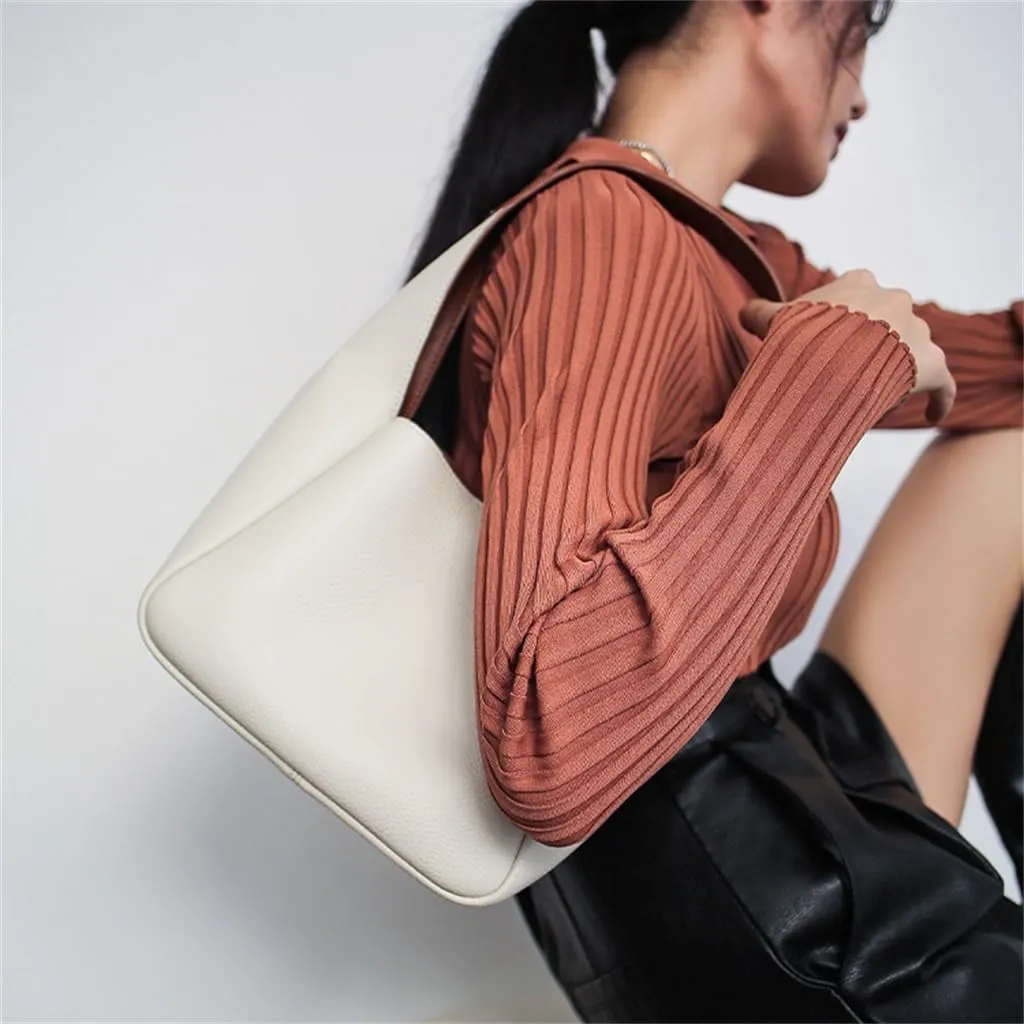 Genuine Leather Women's Bag Top Layer Cowhide Bucket Cabbage Basket Bag Single Shoulder Bag Design Bag