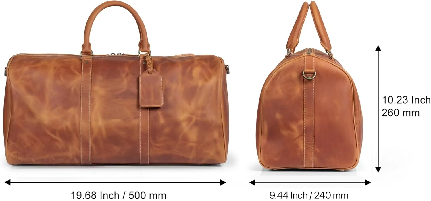 Genuine Top Grain Leather Duffle Bag - Vintage Retro Travel Bag Overnight Weekender Bag Carry on Luggage Bag with Adjustable Shoulder Strap & Interior Pocket - Stylish Gym Bag for Men & Women