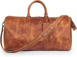 Genuine Top Grain Leather Duffle Bag - Vintage Retro Travel Bag Overnight Weekender Bag Carry on Luggage Bag with Adjustable Shoulder Strap & Interior Pocket - Stylish Gym Bag for Men & Women