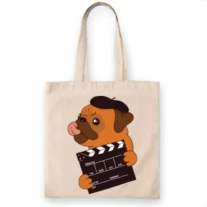 Gift for Artsy Film Maker Fans Director Pug with His Tongue Out and Cute Beret On Natural White Multicolor Canvas Tote Bag
