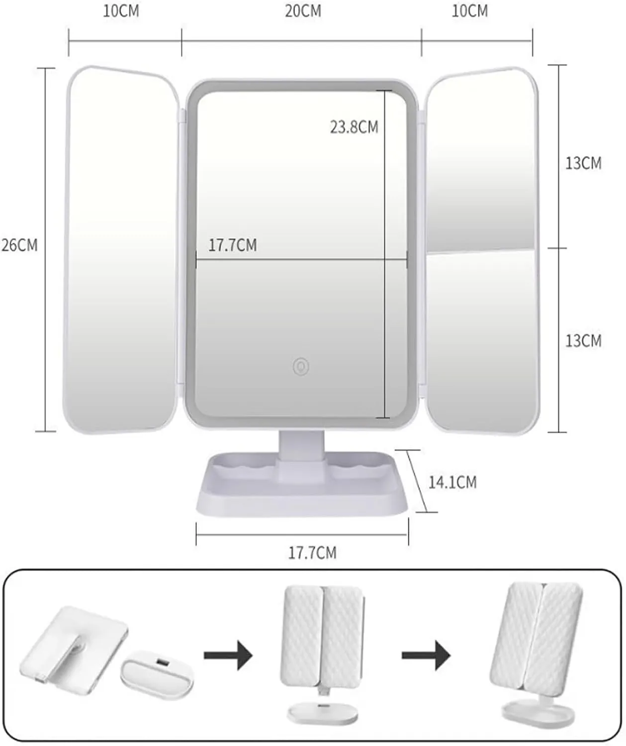 Glisera Smart Mirror, Glisera Mirror, Glisera Smart Mirror Vanity, 1X/2X/3X Magnification and Touch Screen Dimming, Folding Three-Sided Makeup Mirror 180 ° Rotation,Portable Travel Cosmetic Mirror (B)