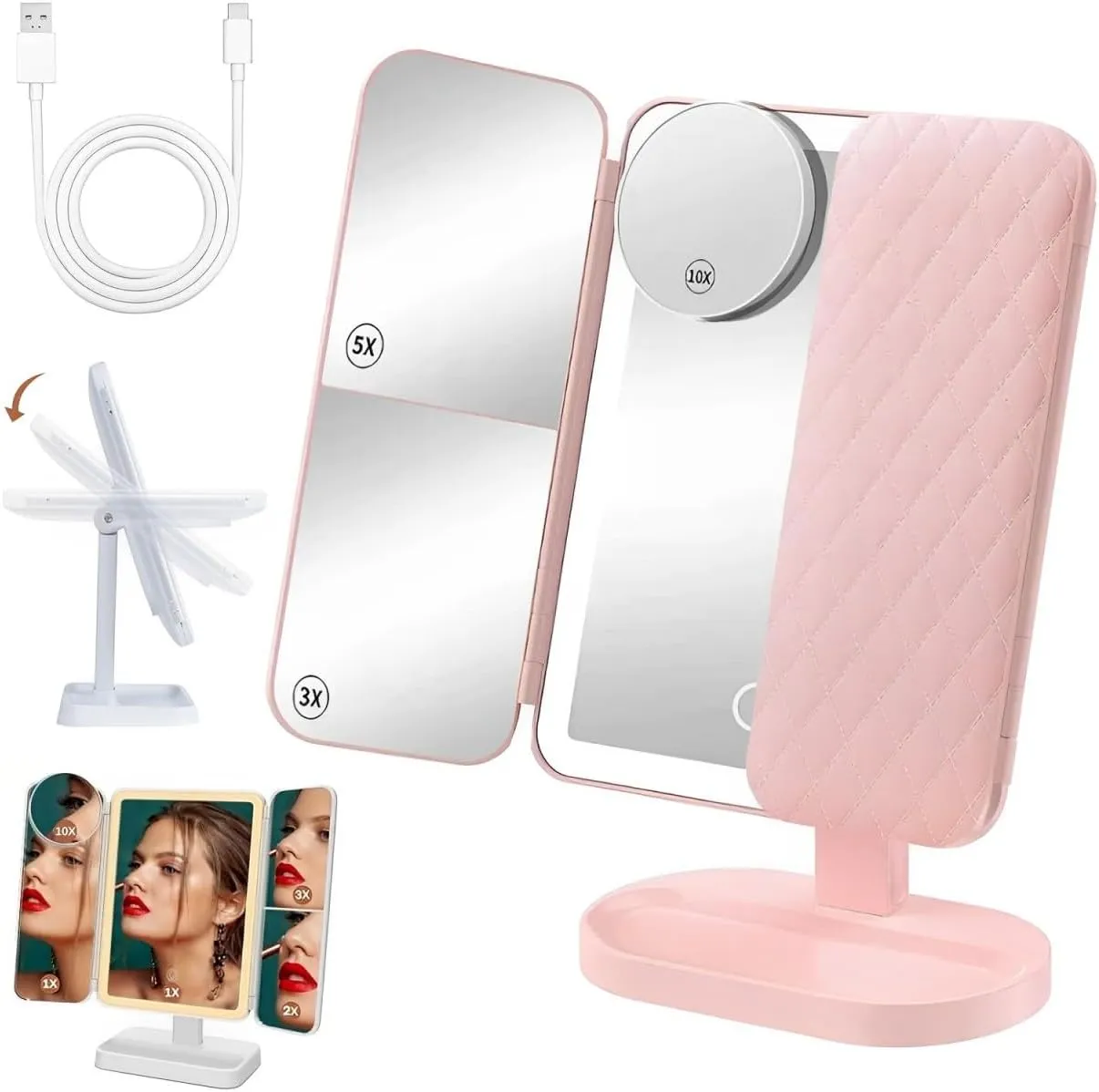 Glisera Smart Mirror, Glisera Mirror, Glisera Smart Mirror Vanity, 1X/2X/3X Magnification and Touch Screen Dimming, Folding Three-Sided Makeup Mirror 180 ° Rotation,Portable Travel Cosmetic Mirror (B)