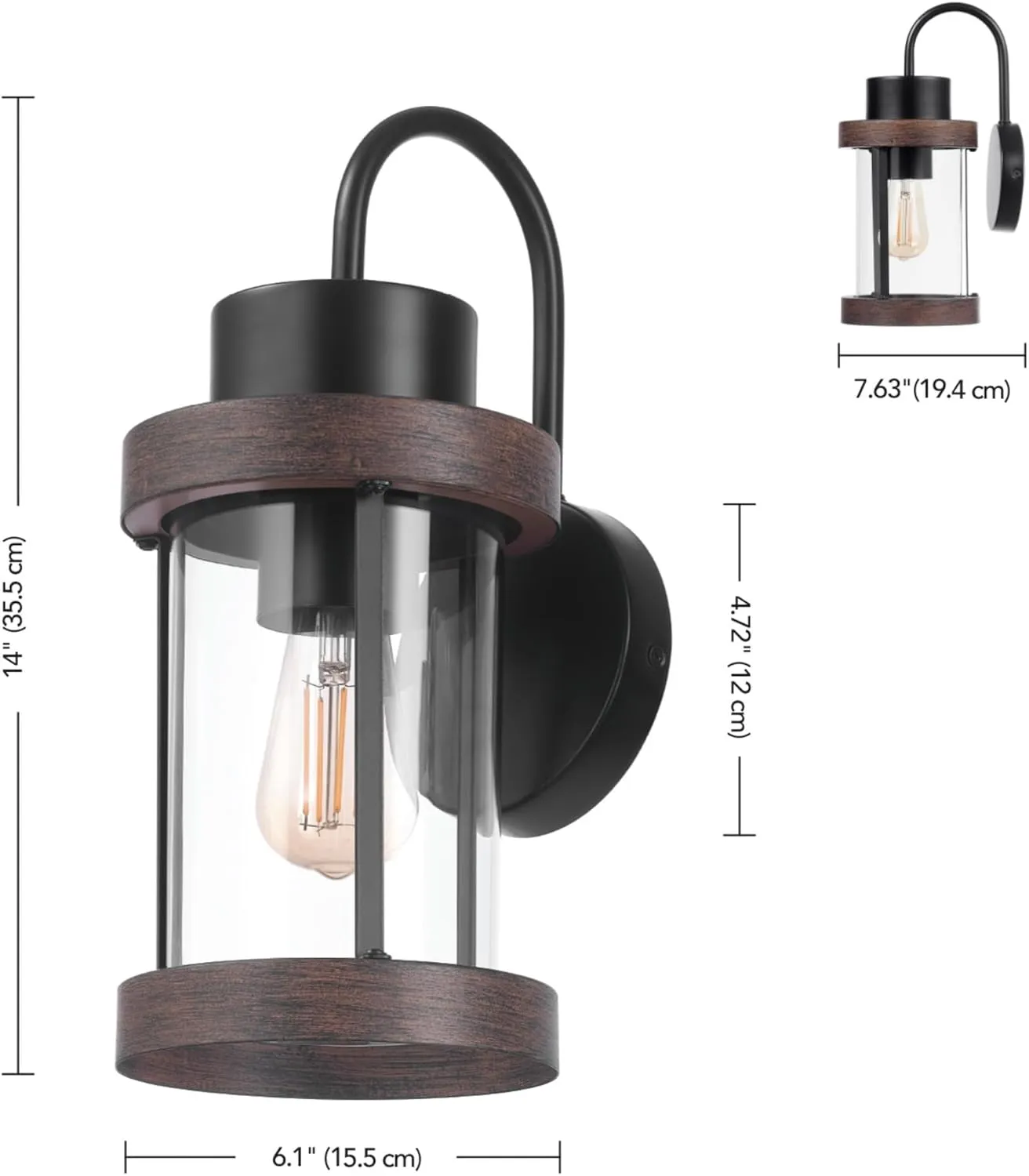 GLOBE Electric 60000026 1-Light Outdoor Wall Sconce, Matte Black, Faux Wood Accent, Clear Glass Shade, E26 Bulb Required, Outdoor Lighting Modern, Front Porch Décor, Wall Lighting, Outdoor Light