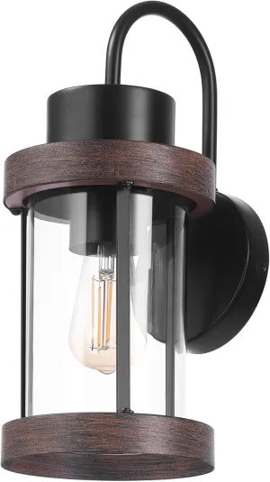 GLOBE Electric 60000026 1-Light Outdoor Wall Sconce, Matte Black, Faux Wood Accent, Clear Glass Shade, E26 Bulb Required, Outdoor Lighting Modern, Front Porch Décor, Wall Lighting, Outdoor Light