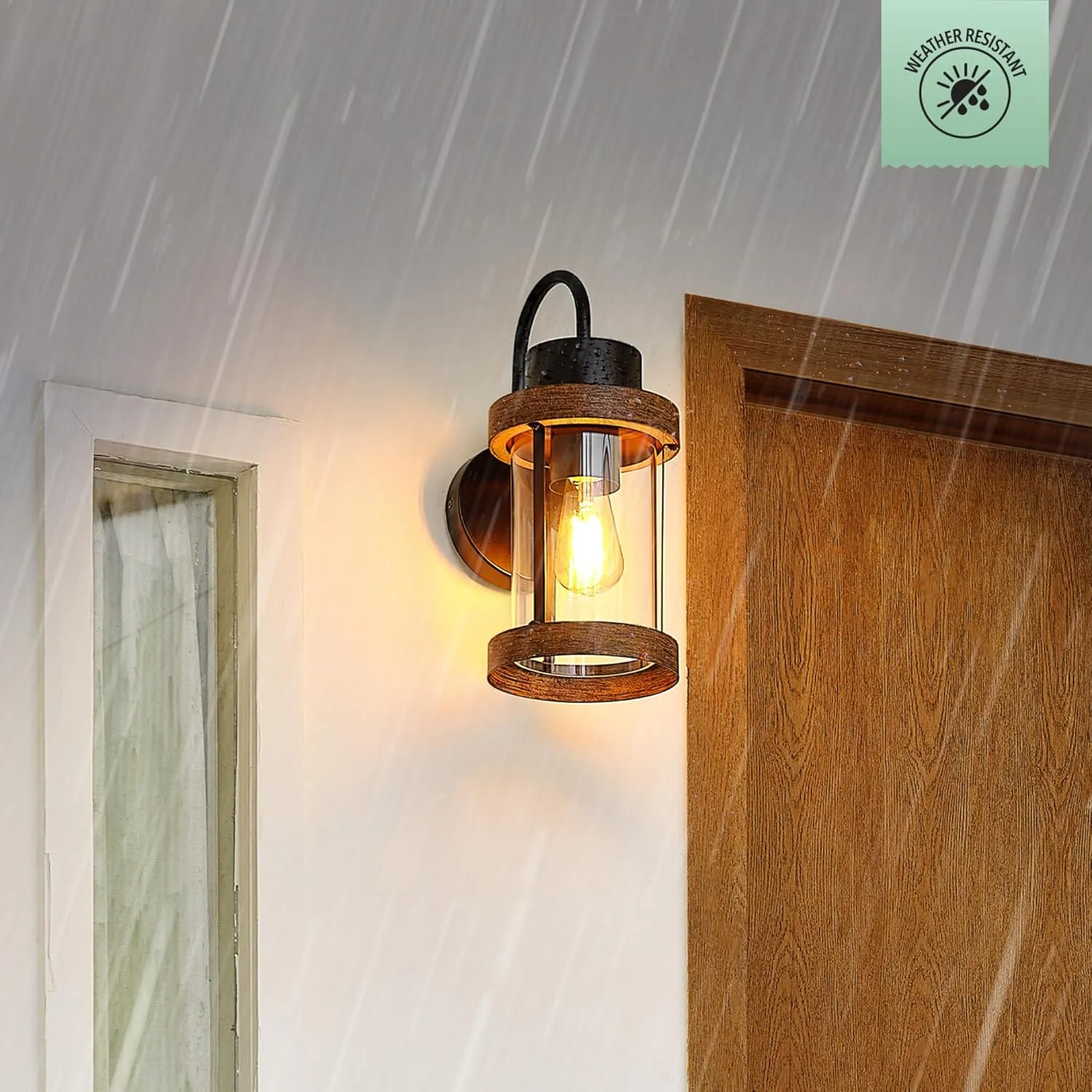 GLOBE Electric 60000026 1-Light Outdoor Wall Sconce, Matte Black, Faux Wood Accent, Clear Glass Shade, E26 Bulb Required, Outdoor Lighting Modern, Front Porch Décor, Wall Lighting, Outdoor Light